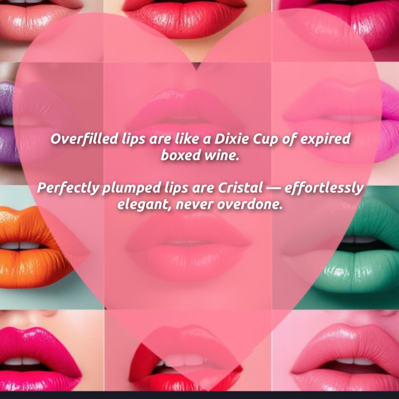 Perfectly plumped, never overdone Graphic reading: overfilled lips are like a Dixie cup of expired boxed wine, perfectly plumped lips are Cristal — effortlessly elegant, never overdone